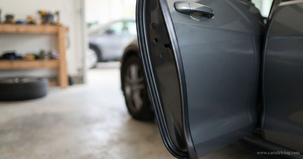 "Car door protectors installed on the edge of a vehicle door to prevent paint damage and dings."