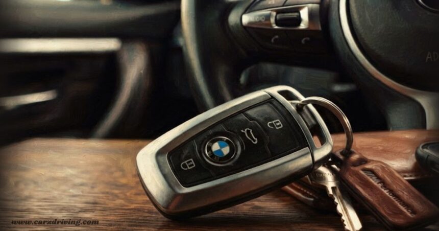 BMW smart key fob resting on a dashboard, illustrating car key replacement near me services.
