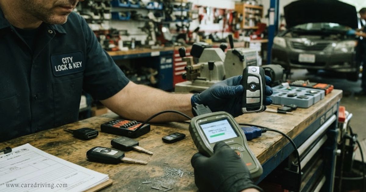 Technician holding a BMW smart key fob and programming diagnostic tool for car key replacement near me.