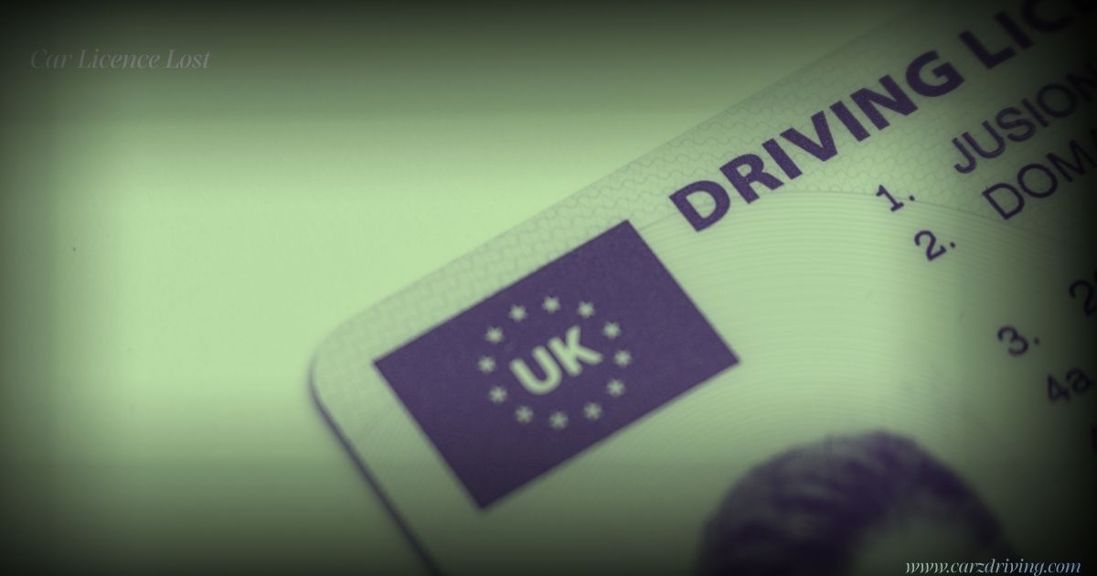 UK driving licence card with "Car Licence Lost" text overlay