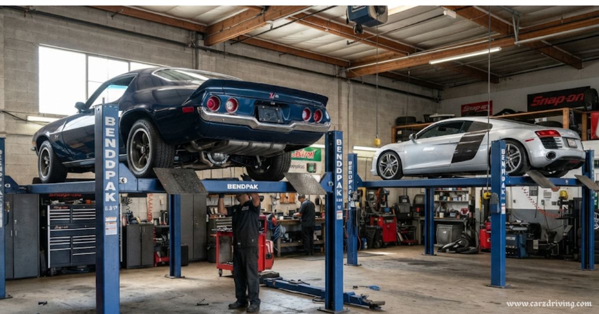A mechanic working under a dark blue classic muscle car raised on a BendPak four-post lift in a professional auto repair shop, with a silver sports car also on a car lift in the background.