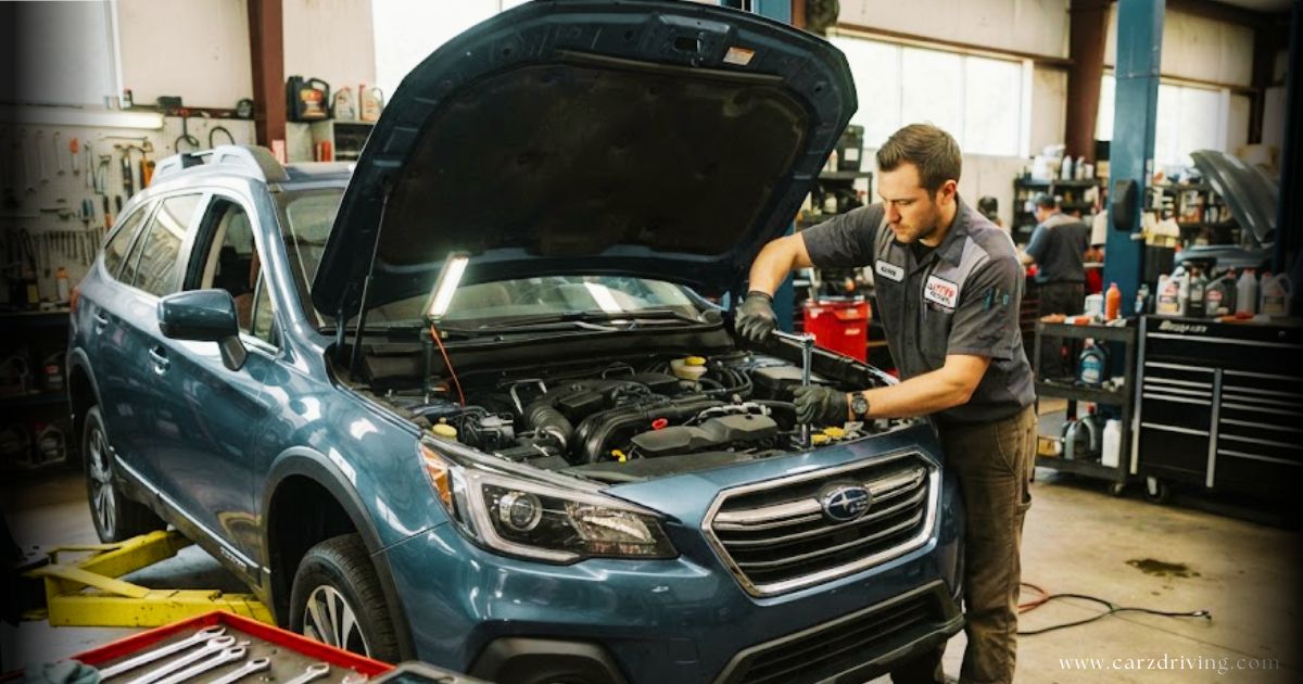 Auto mechanic using a socket wrench under the hood of a blue SUV for routine car maintenance