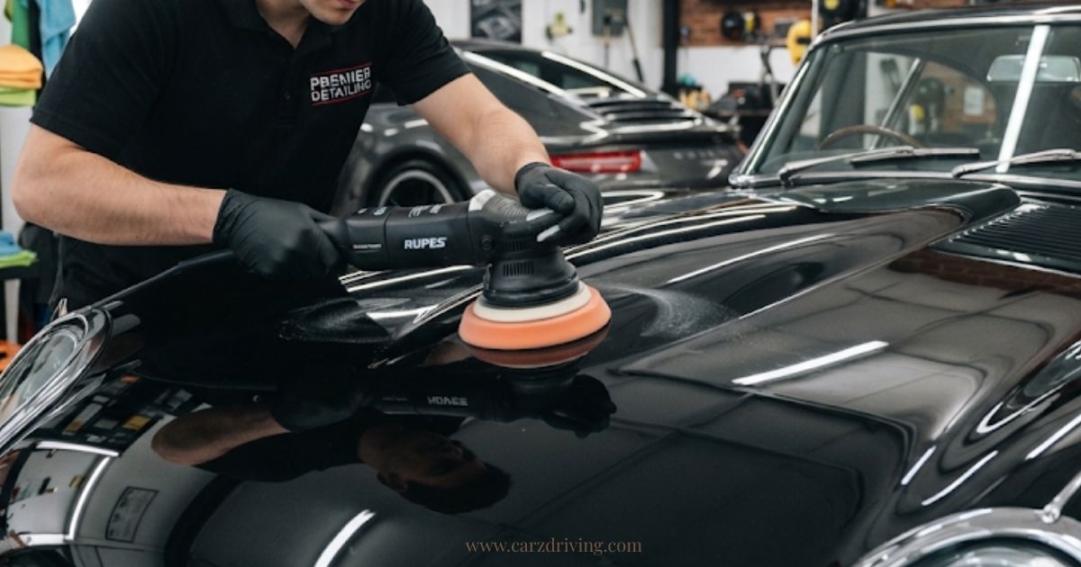 Auto detailer using a Rupes orbital polisher with car polish on a glossy black classic car hood