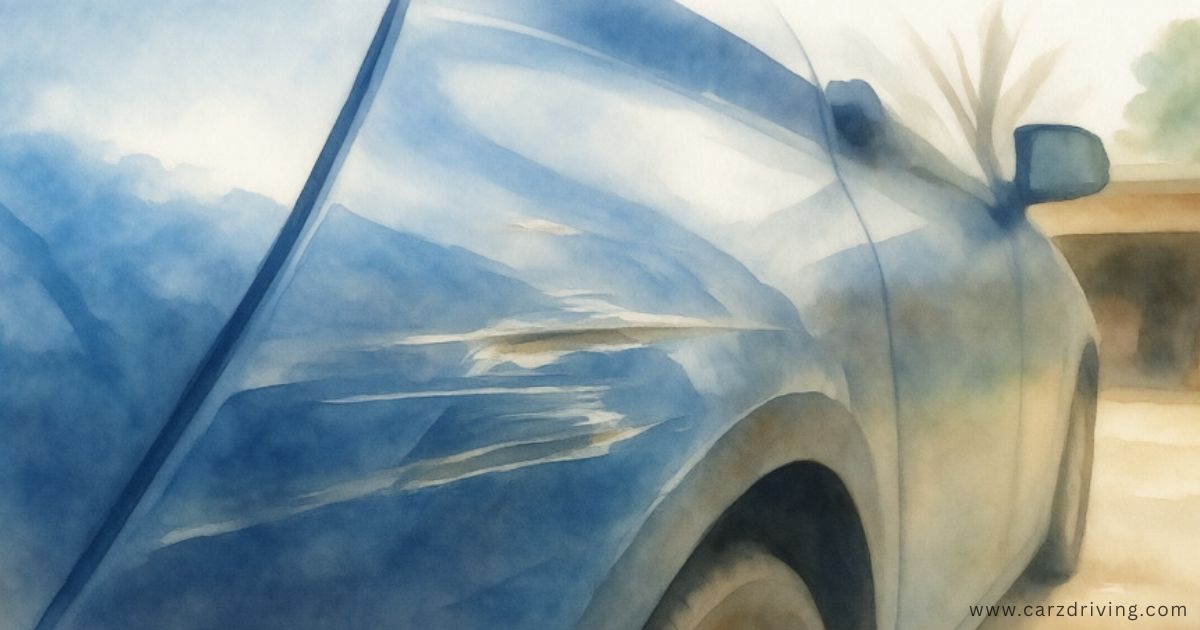 Watercolor illustration of scratches and scuffs on a blue car door, highlighting the need for car scratch repair near me