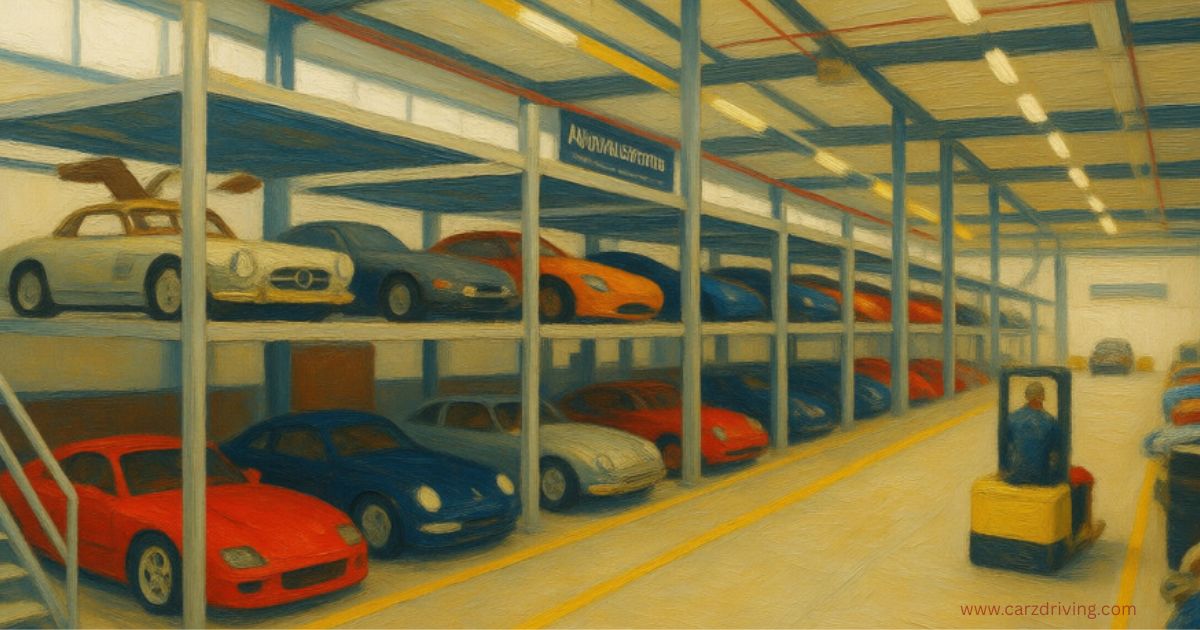 Oil painting illustration of a luxury car storage UK facility featuring classic and sports cars parked on multi-level storage racks.
