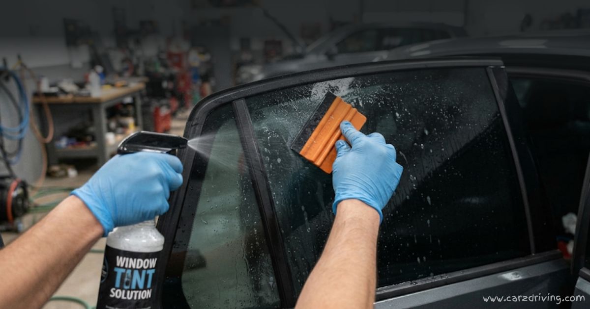 Close-up of the car tinted glass installation process, showing a technician smoothing the film onto the window surface with a professional squeegee.