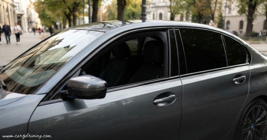 Professional side profile of a luxury vehicle equipped with high-quality car tinted glass for enhanced privacy and sun protection.