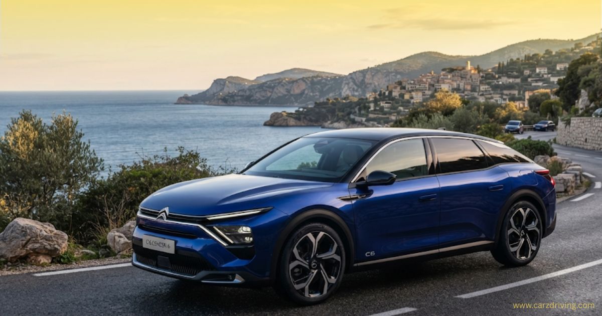 Modern blue Citroën C6 luxury car driving along a coastal highway with a beautiful cliffside landscape in the background.