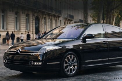 Elegant black Citroën C6 executive car, showcasing its distinctive design parked in a city setting.