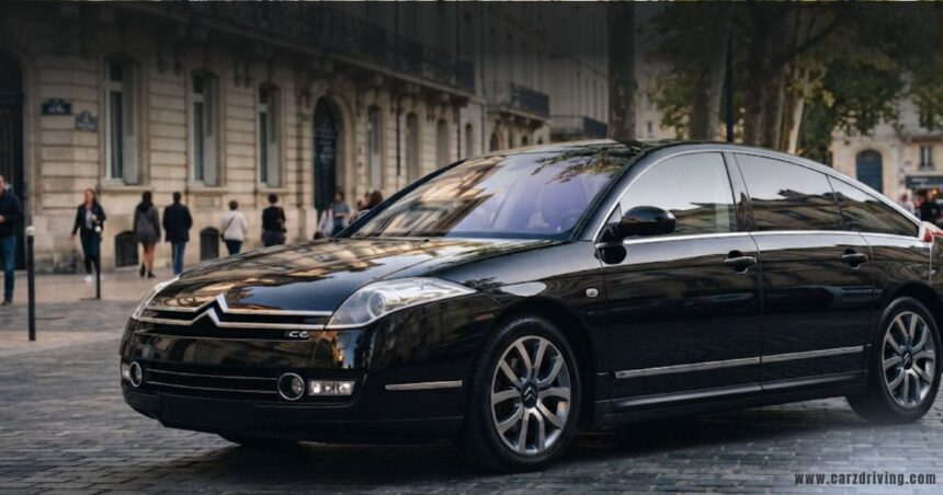 Elegant black Citroën C6 executive car, showcasing its distinctive design parked in a city setting.