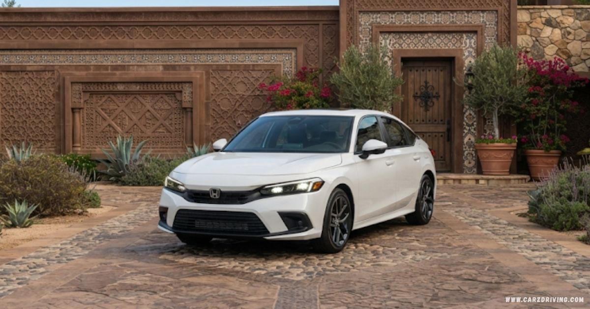 White Honda Civic sedan parked on a stone patio; exterior design showcase highlighting the sleek front fascia and clean lines of this modern Honda passenger car.