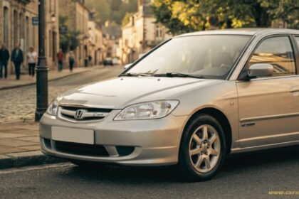 Honda Civic IMA hybrid parked on a town street; front three-quarter view showing the sedan's silver exterior and classic design.