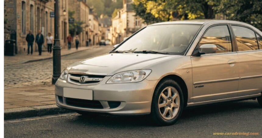 Honda Civic IMA hybrid parked on a town street; front three-quarter view showing the sedan's silver exterior and classic design.