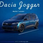 A blue Dacia Jogger seven-seater crossover parked against a solid blue background with the text "Dacia Jogger" and "dacia 7 seater" visible.