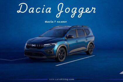 A blue Dacia Jogger seven-seater crossover parked against a solid blue background with the text "Dacia Jogger" and "dacia 7 seater" visible.