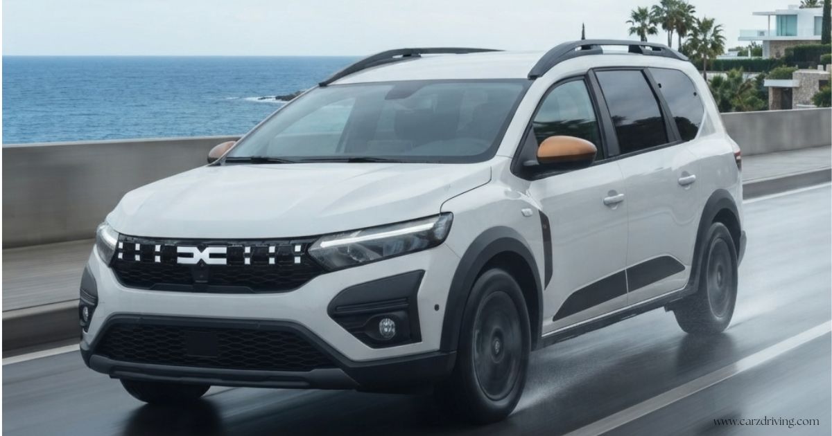 A white Dacia 7 seater crossover vehicle driving on a coastal road.