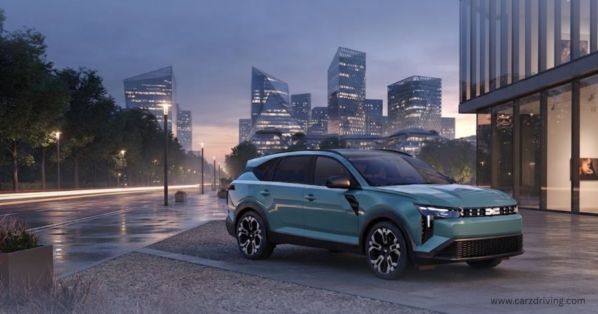 Side-front profile of a teal Dacia Striker SUV parked on a city street at twilight with modern skyscrapers in the background.