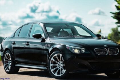 A black BMW E60 5 Series sedan parked on a roadside with a blurred natural background of water and trees.