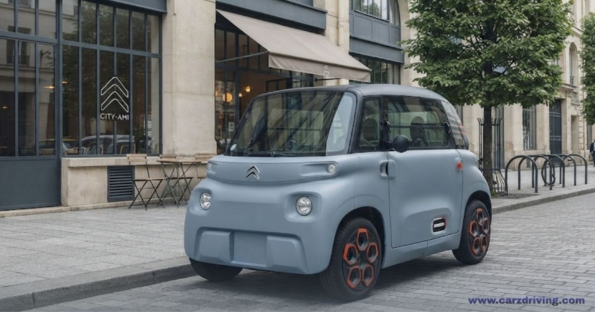 Compact light blue Citroën Ami electric cars 2 seater parked on a urban cobblestone street