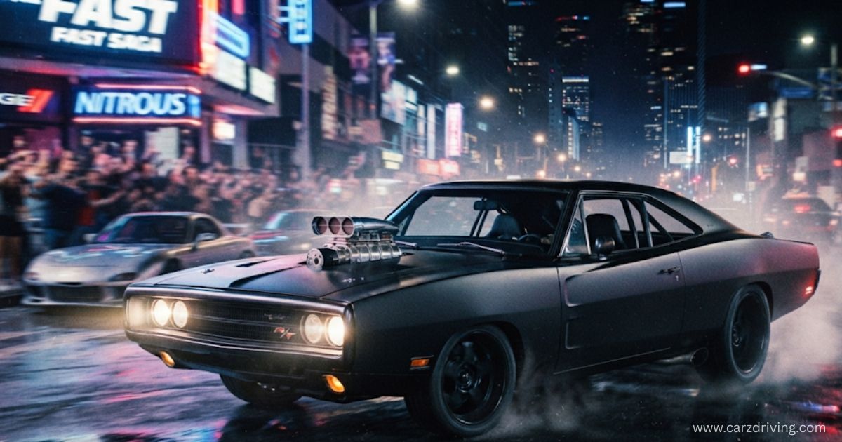 A matte black Fast and Furious car, Dominic Toretto's iconic Dodge Charger, speeding through a neon-lit city street at night.