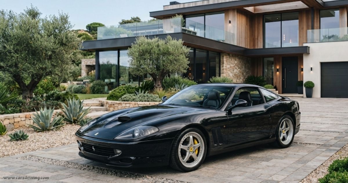 A black Ferrari 550 Maranello parked on the paved driveway of a modern luxury house with landscaped gardens in the background.