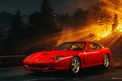 A red Ferrari 550 Maranello parked on a dark road at night, illuminated by the bright, fiery orange glow of a nearby wildfire in the background.
