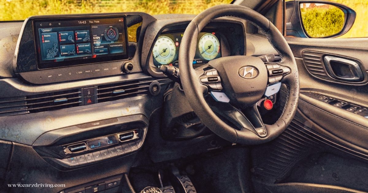 Interior dashboard view of a right-hand drive i20 N Hyundai, featuring a leather steering wheel with N performance buttons, a digital instrument cluster, and a central infotainment screen showing performance data.