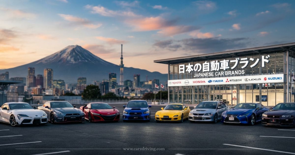 Wide-angle shot of a lineup of iconic Japanese sports cars parked outside a modern glass dealership showroom with a large sign reading "JAPANESE CAR BRANDS" in English and Japanese. The Tokyo Skytree and a snow-capped Mount Fuji are visible in the background under a vibrant sunset sky.