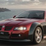 Front three-quarter view of a red performance mg sv sports car in motion on a cliffside road, featuring a rear spoiler and carbon fiber wheel arches.