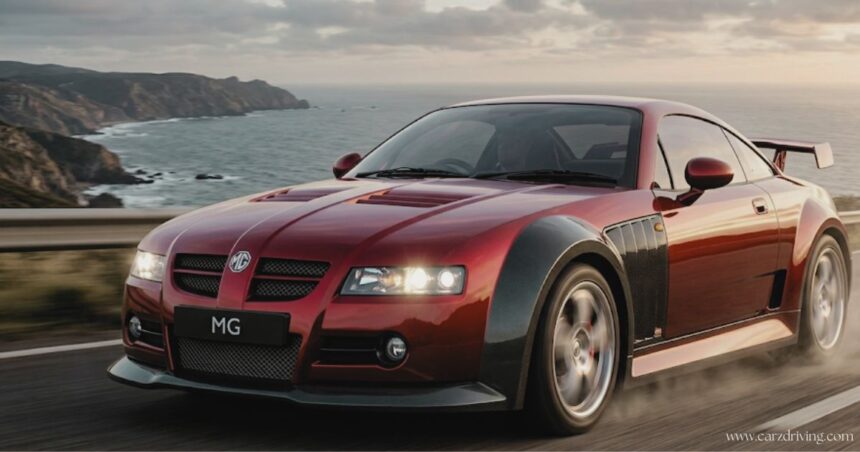 Front three-quarter view of a red performance mg sv sports car in motion on a cliffside road, featuring a rear spoiler and carbon fiber wheel arches.