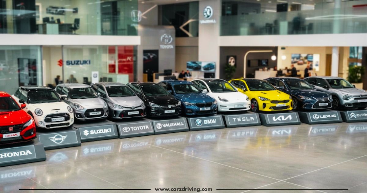 A row of cars from the most reliable auto brands, including Honda, Suzuki, Toyota, BMW, Tesla, Kia, and Lexus, lined up inside a modern dealership showroom.