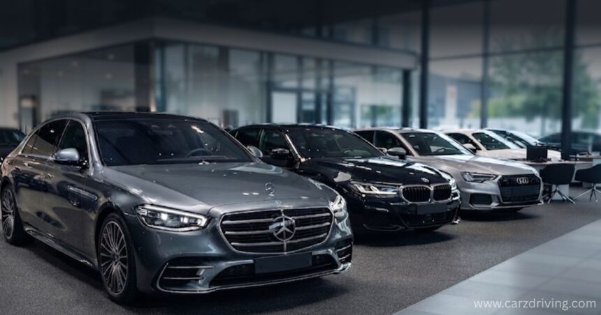 Premium Name German car brands including Mercedes-Benz, BMW, and Audi on display in a luxury car showroom.