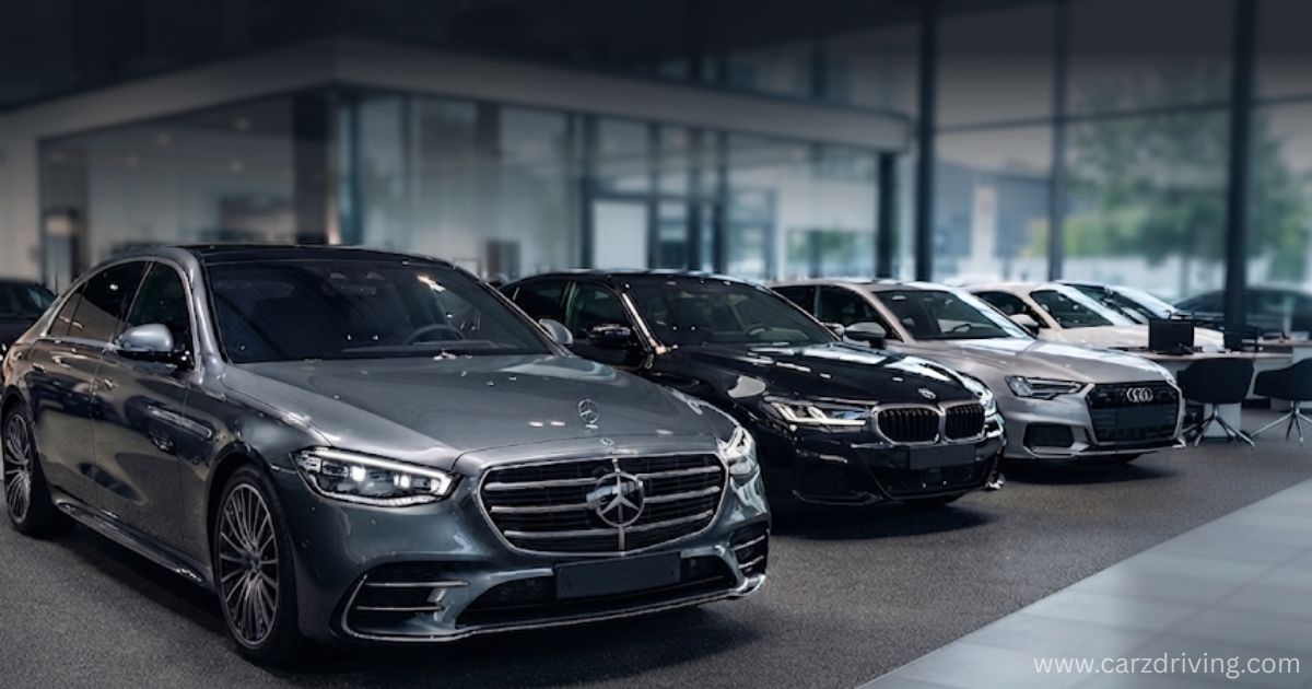 Premium Name German car brands including Mercedes-Benz, BMW, and Audi on display in a luxury car showroom.