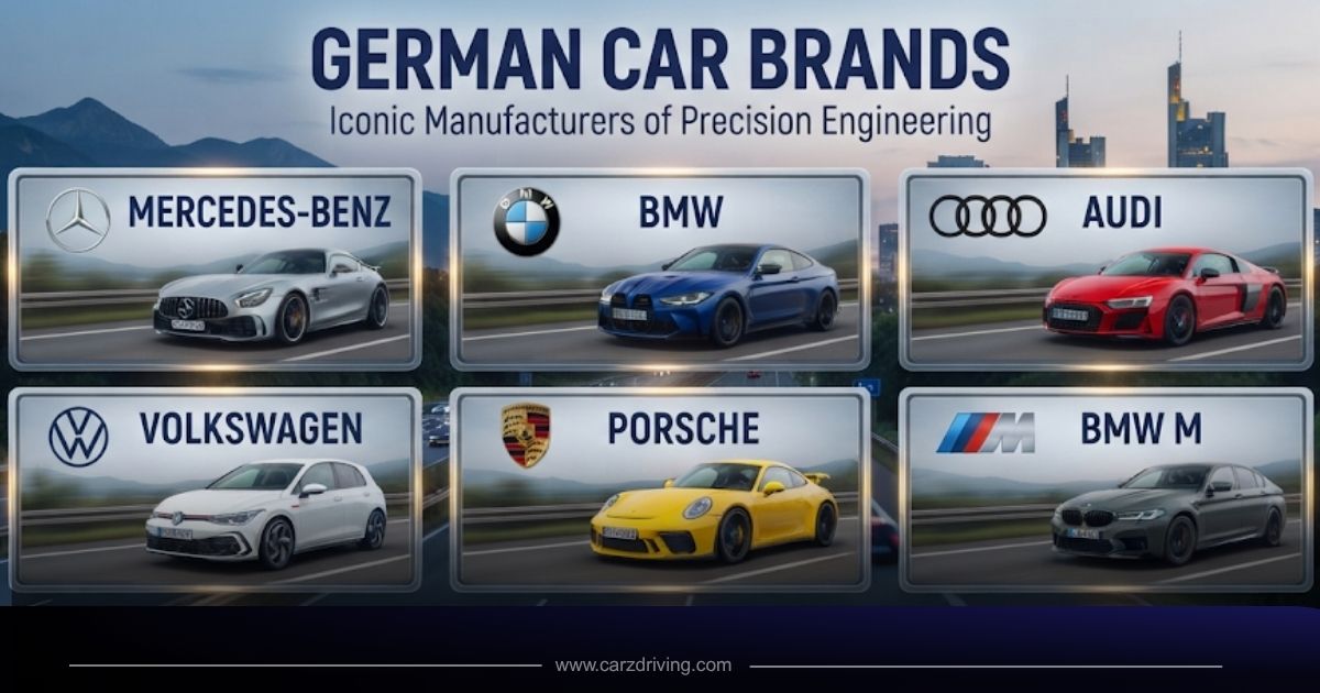 Graphic listing famous Name German car brands with logos and cars, featuring Mercedes-Benz, BMW, Audi, Volkswagen, Porsche, and BMW M.