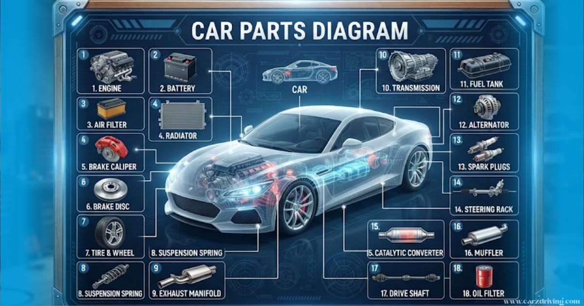 An educational infographic diagram illustrating the key parts of a car, with numbered labels pointing to internal components on a central vehicle.