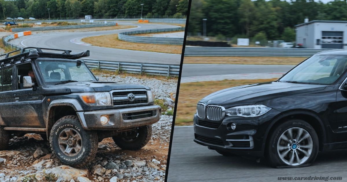 "A side-by-side comparison showing an off-road SUV on rocks and a black luxury SUV driving on a track with a flat rf tire."