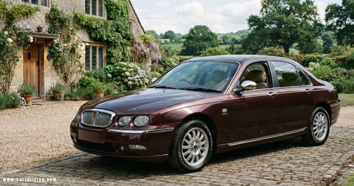 A dark brown Rover 75 parked on a stone driveway in front of a rustic country house, showcasing its classic saloon design, chrome grille, and alloy wheels.