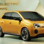 A modern, mustard-yellow compact electric car driving in a studio setting with a geometric, pastel-toned background, featuring the text 'Small Electric Cars' in the upper corner.