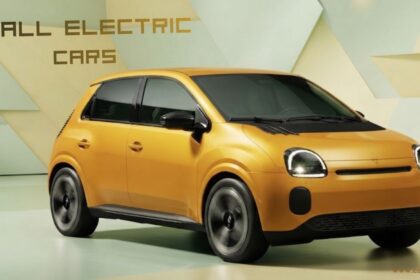 A modern, mustard-yellow compact electric car driving in a studio setting with a geometric, pastel-toned background, featuring the text 'Small Electric Cars' in the upper corner.