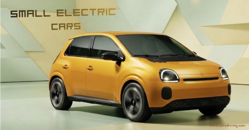 A modern, mustard-yellow compact electric car driving in a studio setting with a geometric, pastel-toned background, featuring the text 'Small Electric Cars' in the upper corner.
