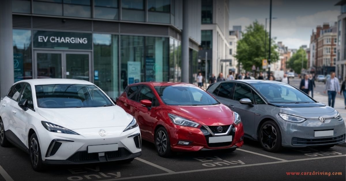 Three small electric cars, a white MG4, a red Nissan Leaf, and a grey Volkswagen ID.3—parked in designated charging bays at an EV charging