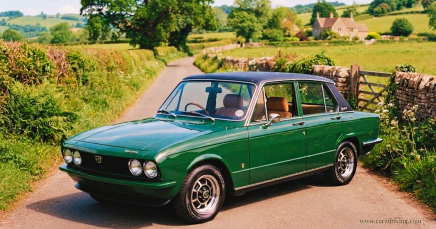 Vintage Triumph Dolomite sedan in green, parked on a countryside lane, perfect for classic car enthusiasts.