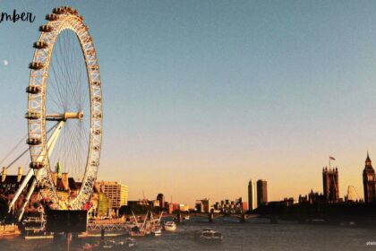 A view of the London Eye observation wheel on the banks of the River Thames at dusk, with the Houses of Parliament and Big Ben along the skyline and the text "020 Number" in the top left corner.