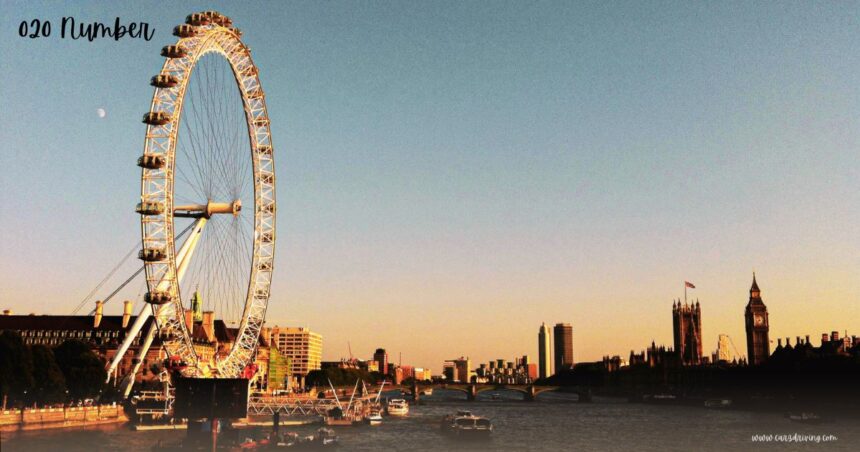 A view of the London Eye observation wheel on the banks of the River Thames at dusk, with the Houses of Parliament and Big Ben along the skyline and the text "020 Number" in the top left corner.