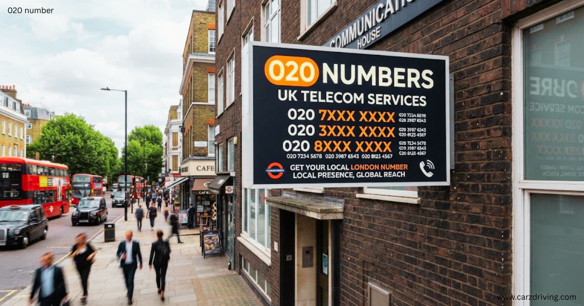 An outdoor advertisement for "020 Numbers - UK Telecom Services" mounted on a brick building along a busy London street featuring red double-decker buses and pedestrians.