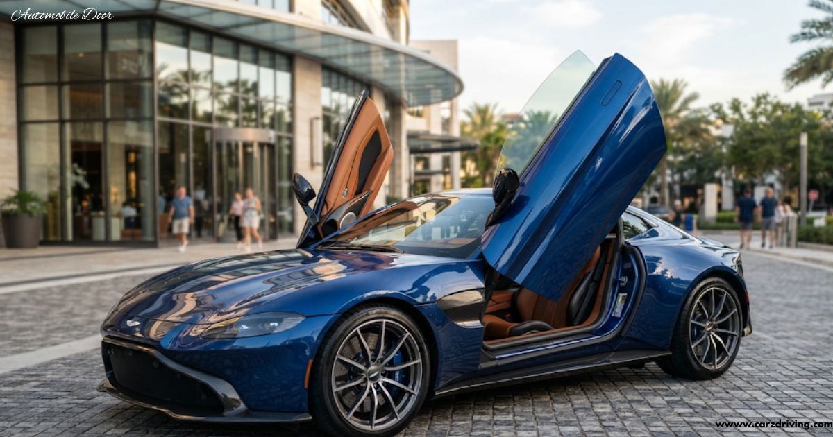 Blue luxury sports car showing open automobile door design outside a modern hotel.