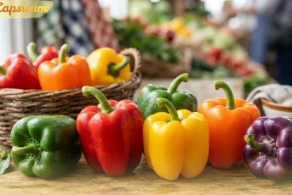Assorted colorful bell capsicums in red, yellow, orange, green, and purple on a wooden table.