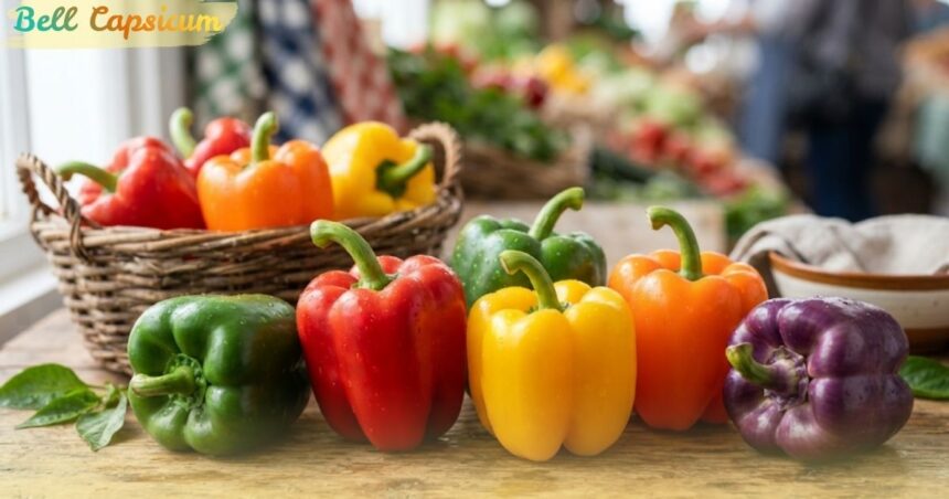 Assorted colorful bell capsicums in red, yellow, orange, green, and purple on a wooden table.