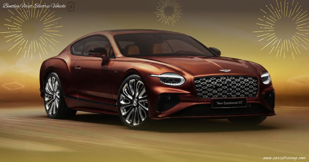 Copper-bronze Bentley first electric vehicle New Continental GT luxury coupe parked against a golden desert-like backdrop with stylized line-art fireworks overhead.