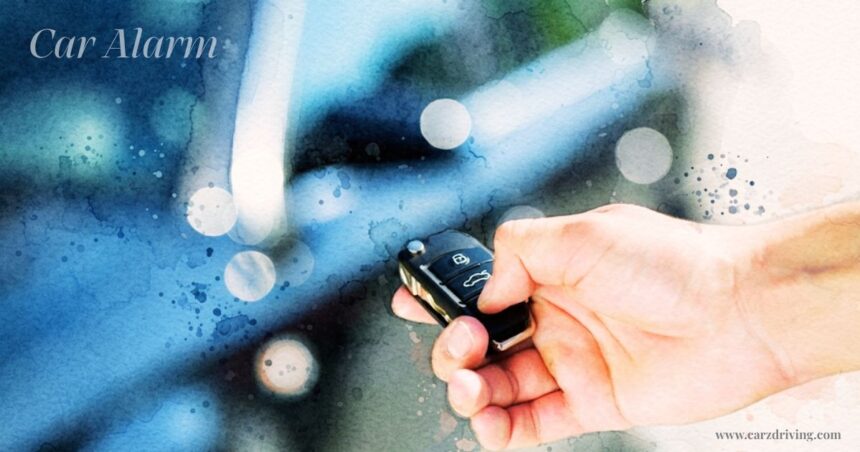 Hand pressing a button on a car alarm remote key fob with "Car Alarm" overlay text